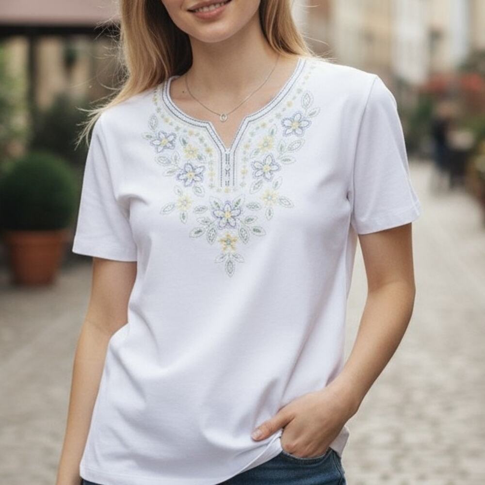 Alfred Dunner White Embroidered Shirt Floral Sz XL